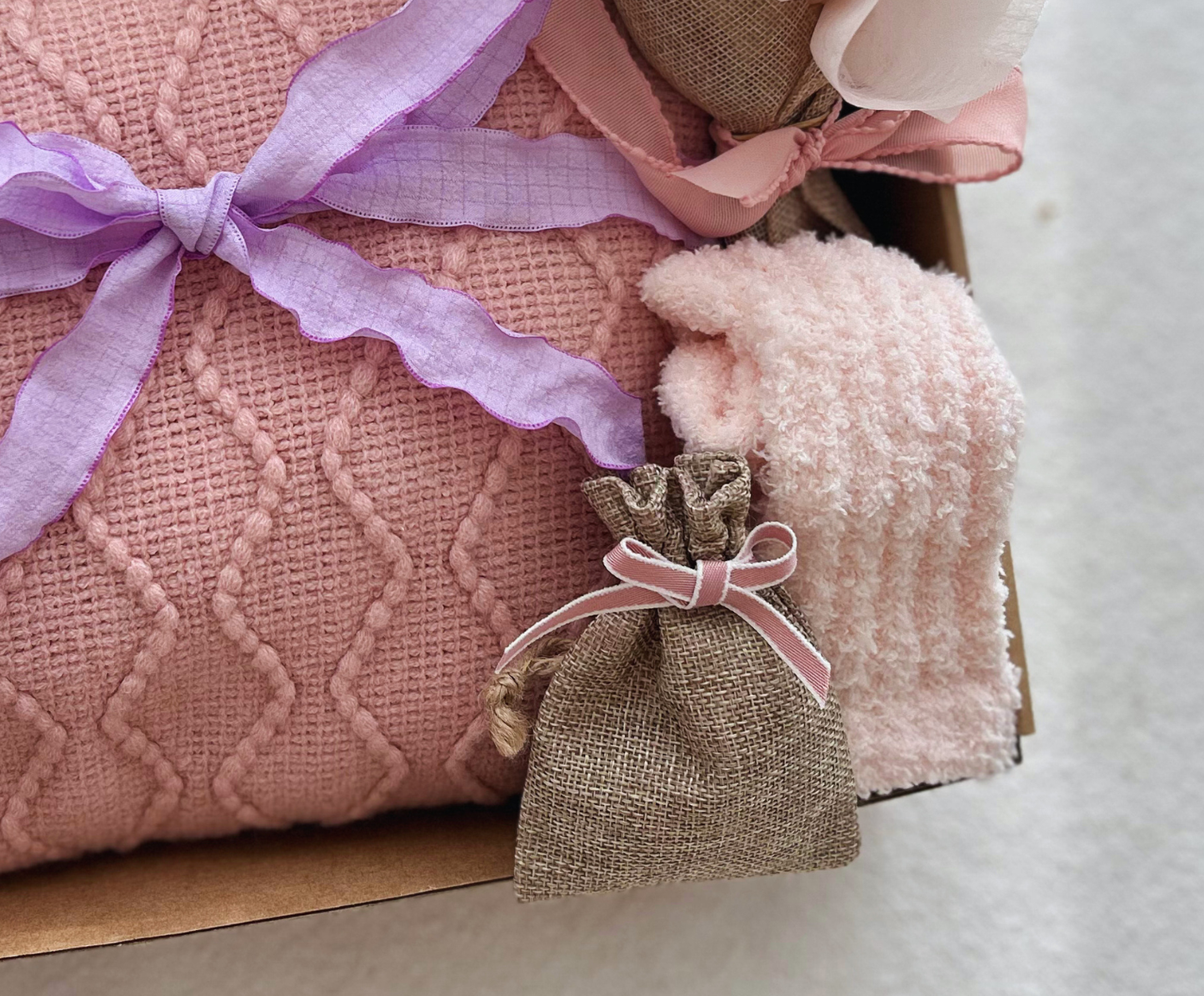 Luxury Pink & Lavender Wellness Gift: Handmade Crochet Bouquet & Cozy Essentials for Her Basketful Gifts
