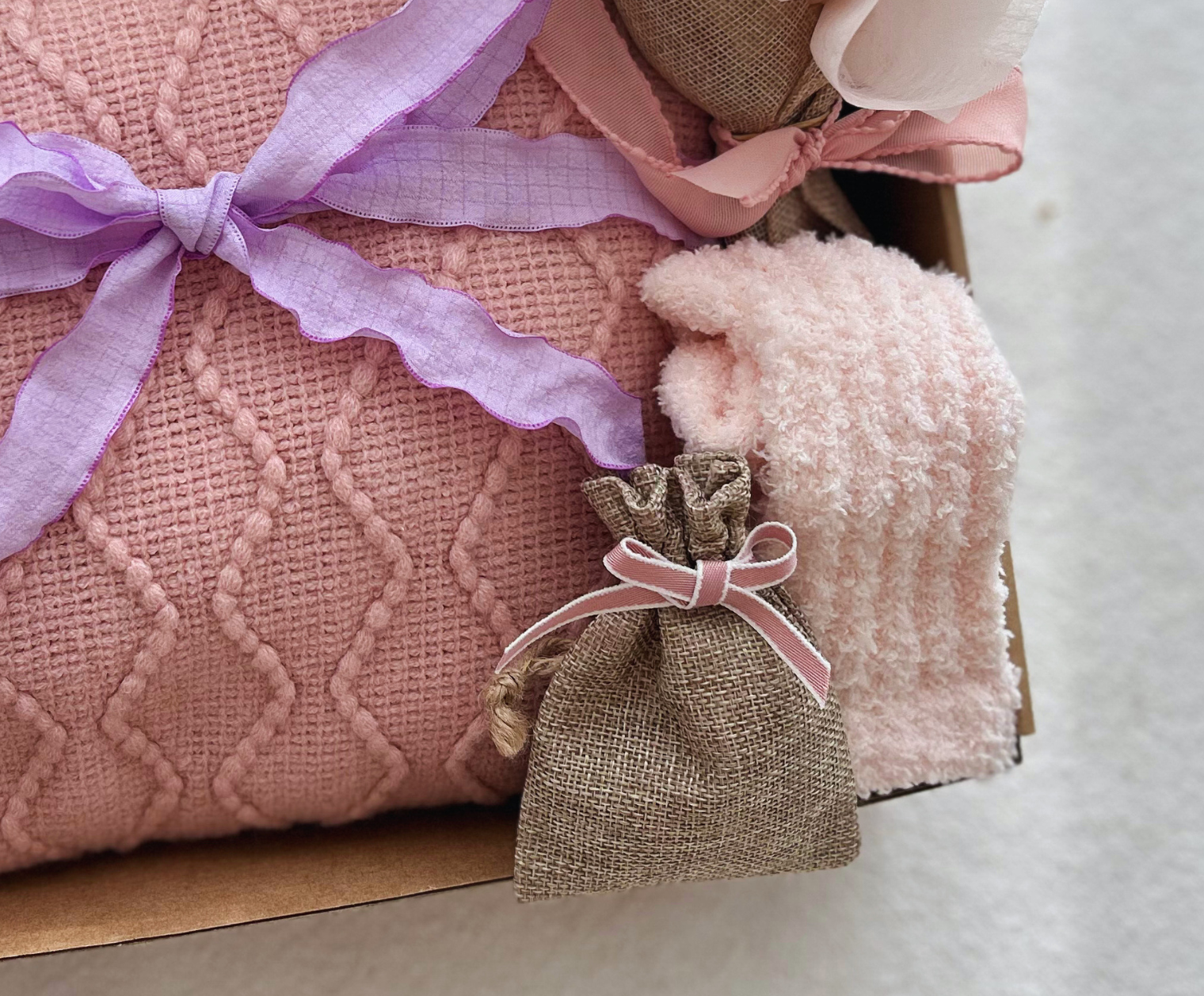Luxury Pink & Lavender Wellness Gift: Handmade Crochet Bouquet & Cozy Essentials for Her Basketful Gifts