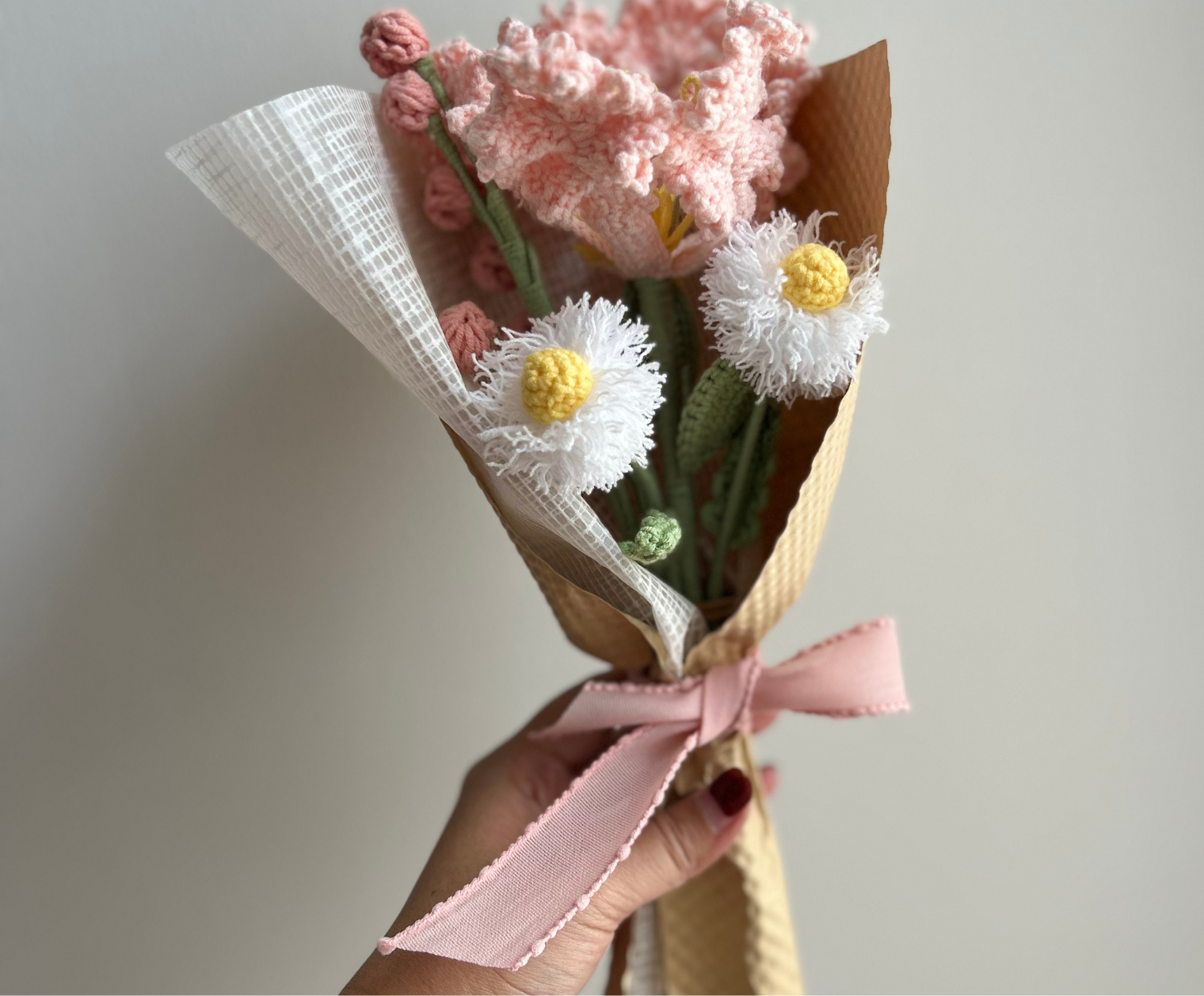 Pink Birthday Baskets with Cozy Blanket & Crochet Bouquet  (Crepe-myrtle) Basketful Gifts