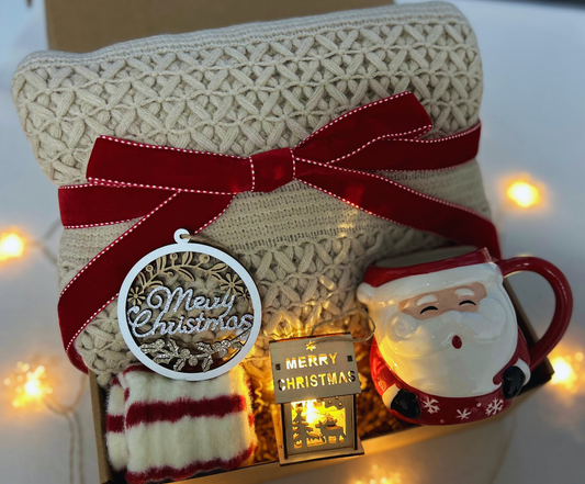 Christmas Gift Baskets with Cozy Blanket and Festive Santa Mug