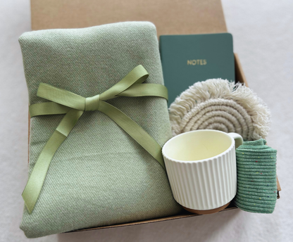 "A Moment of Calm" Green Care Package: Premium Soft Scarf, Wellness Journal & Ceramic Coffee Mug Basketful Gifts