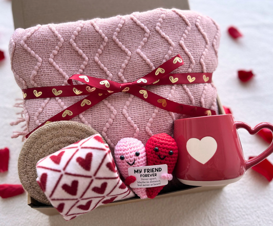 Galentine’s Day Gift Basket for Best Friend – Cozy Blanket, Heart Mug, Socks & Crochet Heart Basketful Gifts