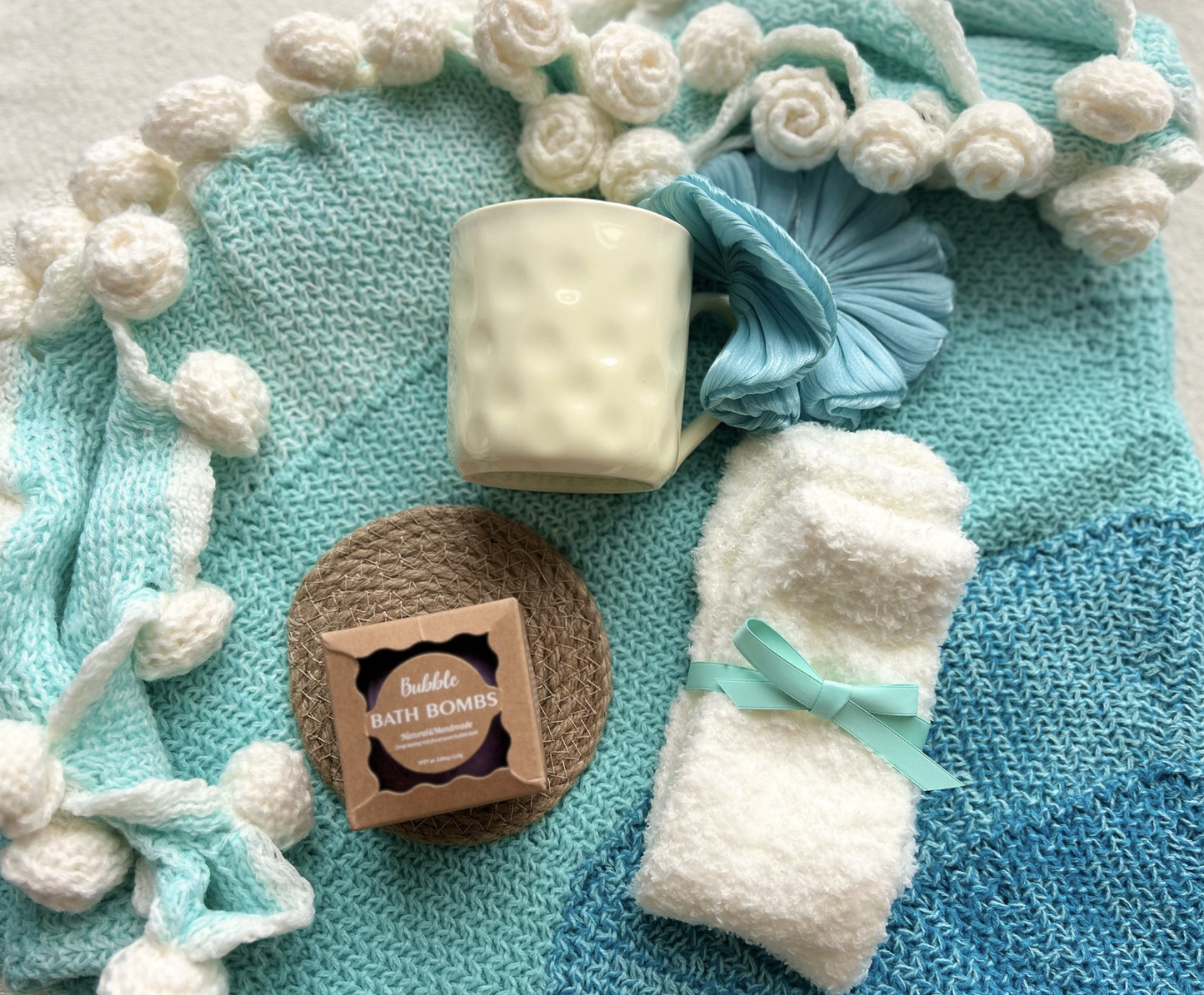 Anniversary Gift Basket with Handmade Crochet Rose Bouquet and Spa Essentials