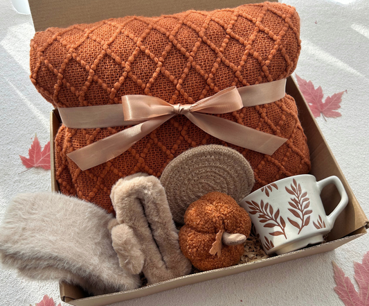 Fall Season Care Package Basket for Women with Thick Blanket & Faux Fur Socks