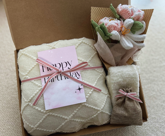 Pink Birthday Baskets with Cozy Blanket & Crochet Bouquet (Peony Bouquet) Basketful Gifts