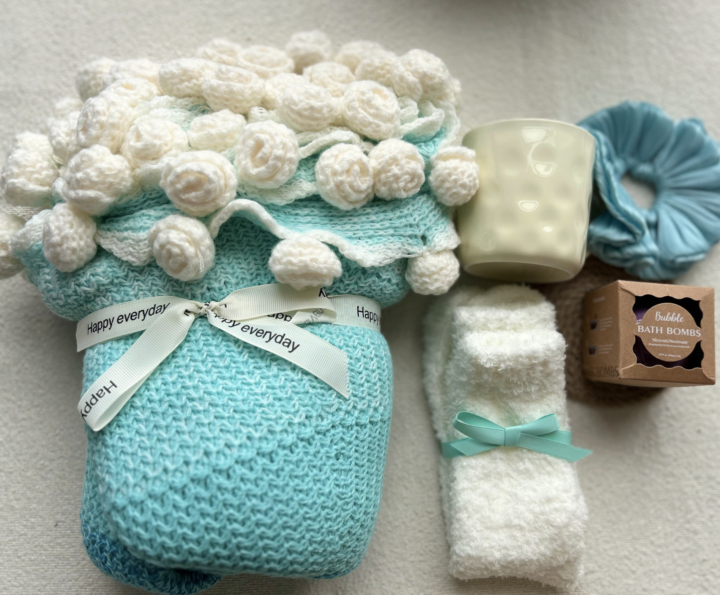Anniversary Gift Basket with Handmade Crochet Rose Bouquet and Spa Essentials