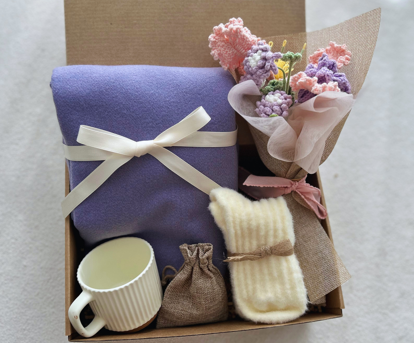 Lavender Relaxation Self-Care Set: Soft Scarf, Cozy Plush Socks & Crochet Flower Keepsake Basketful Gifts