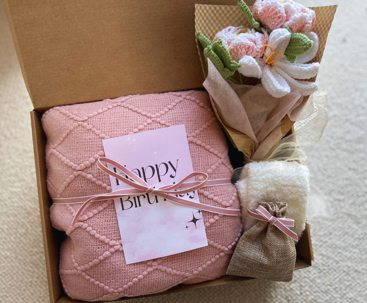 Pink Birthday Baskets with Cozy Blanket & Crochet Bouquet (Peony Bouquet) Basketful Gifts