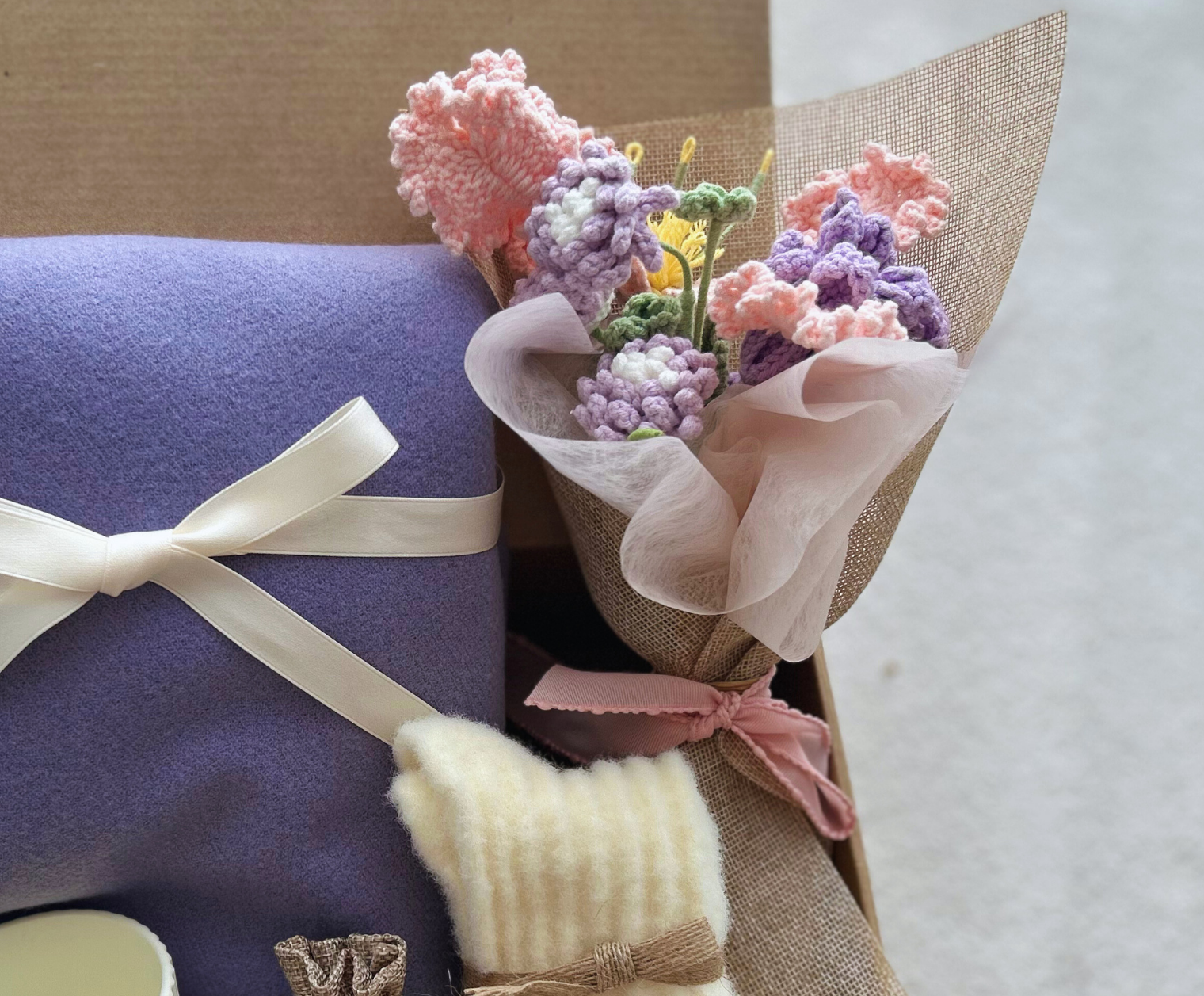 Lavender Relaxation Self-Care Set: Soft Scarf, Cozy Plush Socks & Crochet Flower Keepsake Basketful Gifts