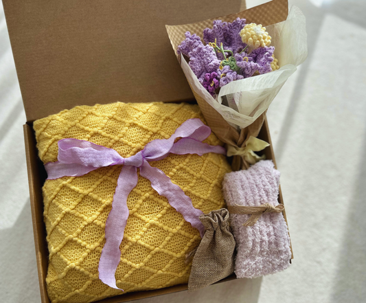Sunshine & Lavender Joy Gift Box: Yellow Knit Blanket, Purple Crochet Bouquet & Cozy Socks Basketful Gifts