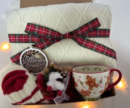 Christmas Gift Baskets with Cozy Blanket and Festive Gingerbread Mug