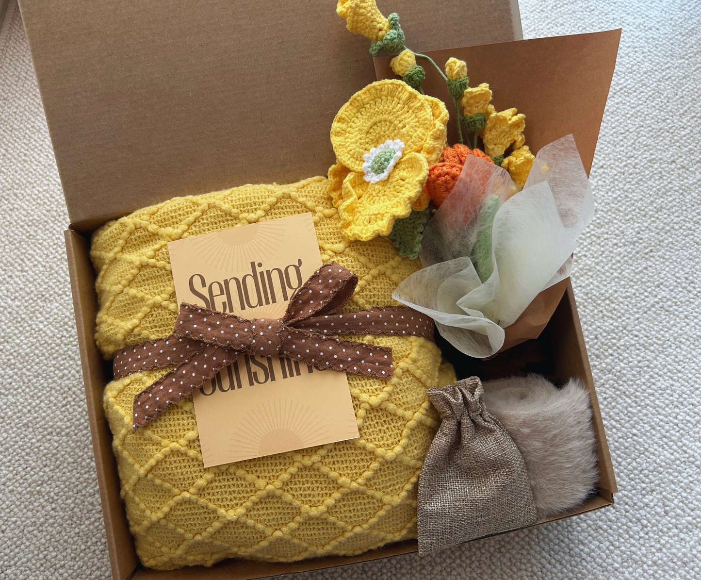 Sending Sunshine Gift Basket for Women with Mini Crochet Bouquet (Yellow Poppy) - Basketful Gifts