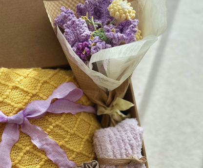 Sunshine & Lavender Joy Gift Box: Yellow Knit Blanket, Purple Crochet Bouquet & Cozy Socks Basketful Gifts