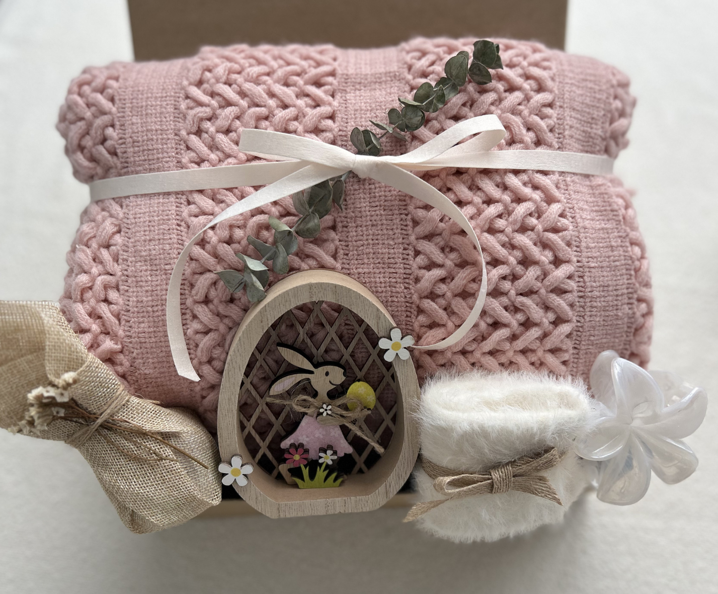 Spring Meadow | Luxury Easter Gift Basket for Her with Wooden Bunny Decor