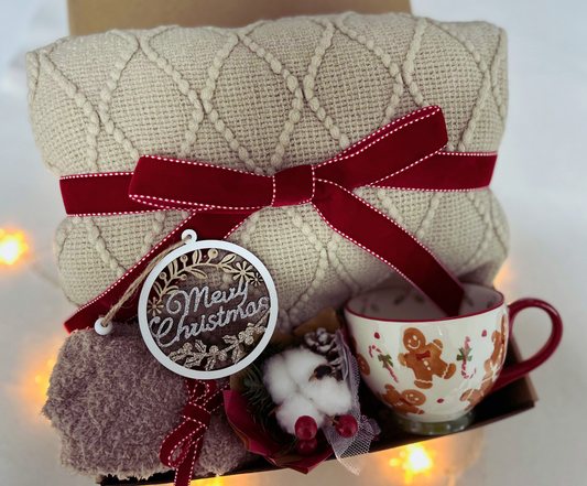 Christmas Gift Baskets with Cozy Blanket and Festive Gingerbread Mug