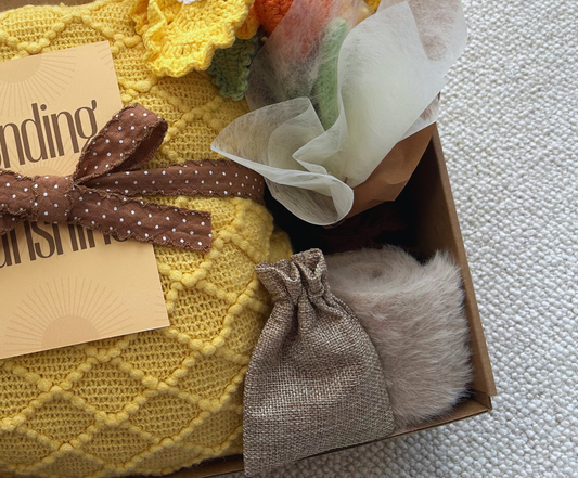 Sending Sunshine Gift Basket for Women with Mini Crochet Bouquet (Yellow Poppy) - Basketful Gifts