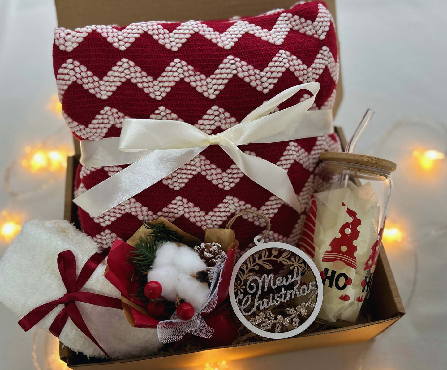 Christmas Gift Baskets for Her with Burgundy Blanket and Santas Tumbler