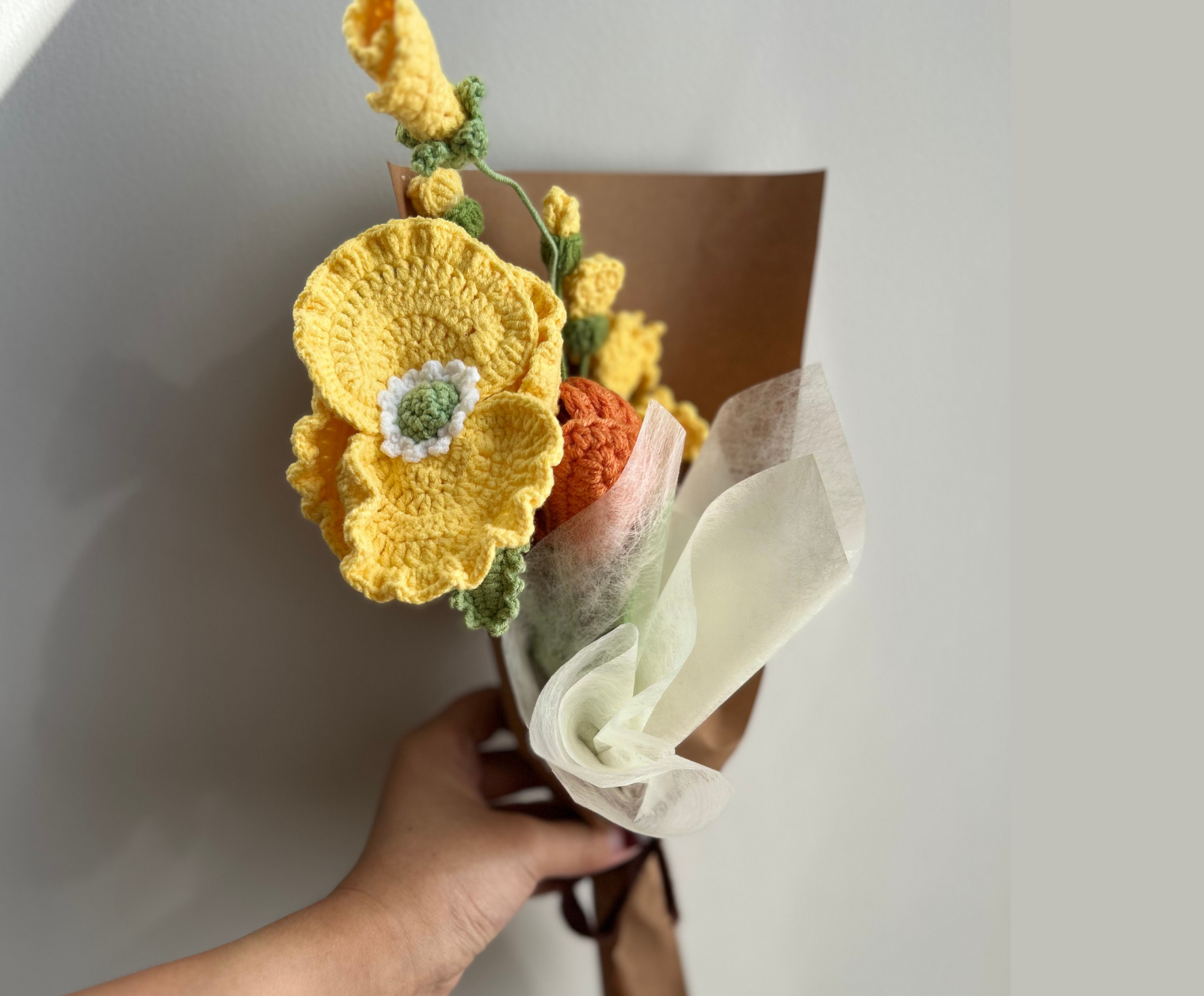 Sending Sunshine Gift Basket for Women with Mini Crochet Bouquet (Yellow Poppy) - Basketful Gifts
