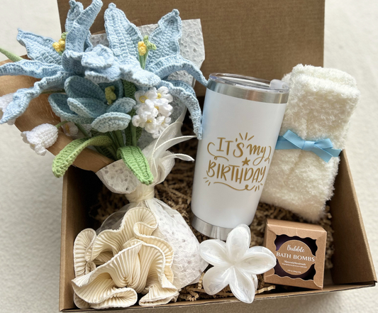 Happy Birthday Gift Baskets for Her – Blue Spa Gift Box with Birthday tumbler, Bath Bombs, Cozy Socks & Flower Bouquet