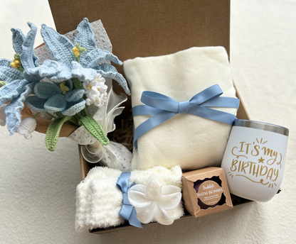 Happy Birthday Gift Baskets for Her – Blue Spa Gift Box with Birthday tumbler, Bath Bombs, Cozy Socks & Flower Bouquet