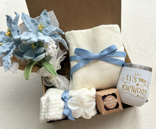 Happy Birthday Gift Baskets for Her – Blue Spa Gift Box with Birthday tumbler, Bath Bombs, Cozy Socks & Flower Bouquet