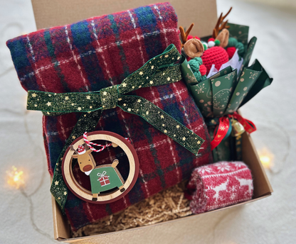 Reindeer Theme Christmas Gift Box with Plaid Scarf and Crochet Bouquet