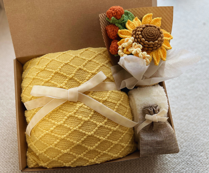 Sunflower Gifts for Women-Cozy Blanket and Sunflower Crochet Bouquet Basketful Gifts