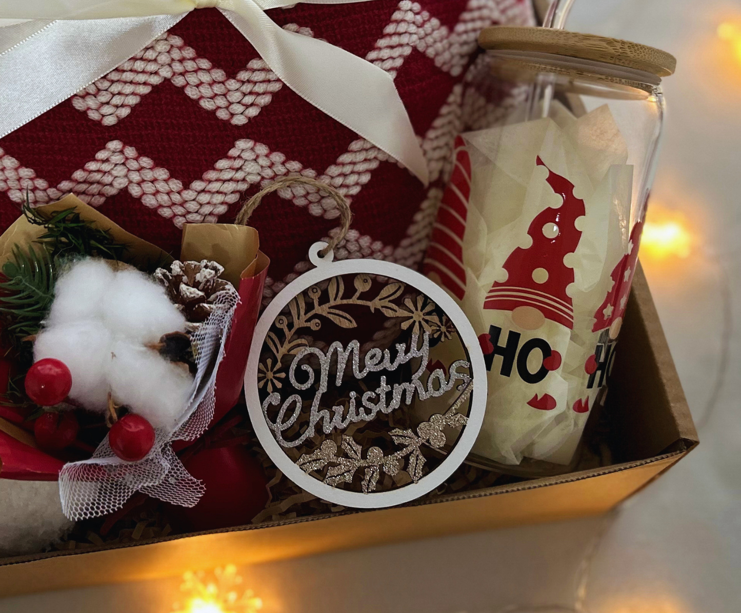 Christmas Gift Baskets for Her with Burgundy Blanket and Santas Tumbler