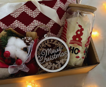 Christmas Gift Baskets for Her with Burgundy Blanket and Santas Tumbler