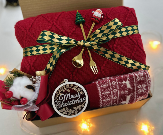 Christmas Gift Baskets for Her with Burgundy Blanket and Reindeer Wool Socks