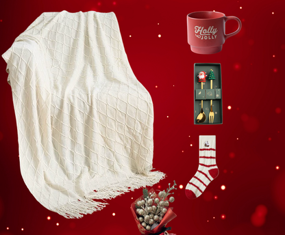 Holly Jolly Christmas Gift Basket with Cozy Blanket & Holiday Mug