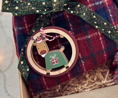 Reindeer Theme Christmas Gift Box with Plaid Scarf and Crochet Bouquet