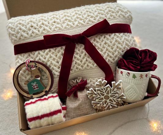 Burgundy Velvet Christmas Gift Basket for Family & Friends with Blanket & Mugs