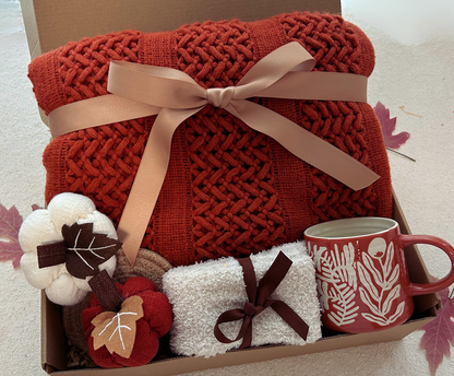 Cozy Care Package with Crochet Blanket Ceramic Mug Fall Theme Gift