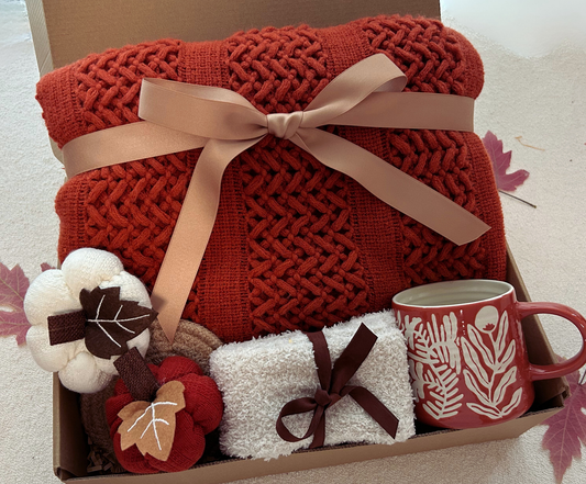 Cozy Care Package with Crochet Blanket Ceramic Mug Fall Theme Gift