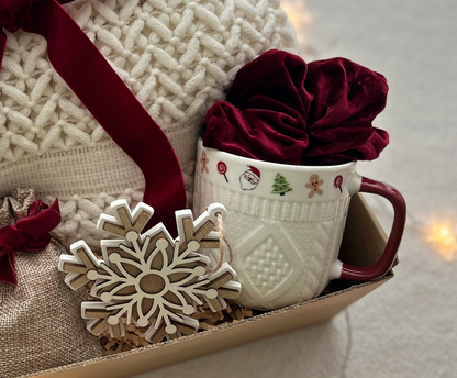 Burgundy Velvet Christmas Gift Basket for Family & Friends with Blanket & Mugs