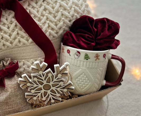 Burgundy Velvet Christmas Gift Basket for Family & Friends with Blanket & Mugs