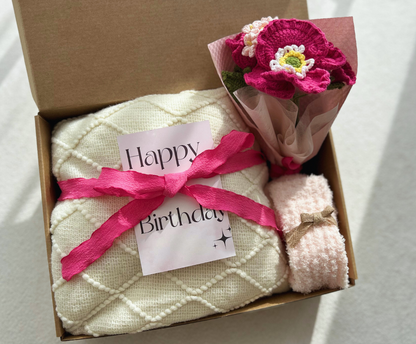Aesthetic Birthday Gift Basket for Her: Cream Woven Throw, Hot Pink Crochet Flowers & Plush Socks Basketful Gifts