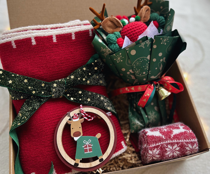 Reindeer Theme Christmas Gift Box with Knit Scarf and Crochet Bouquet