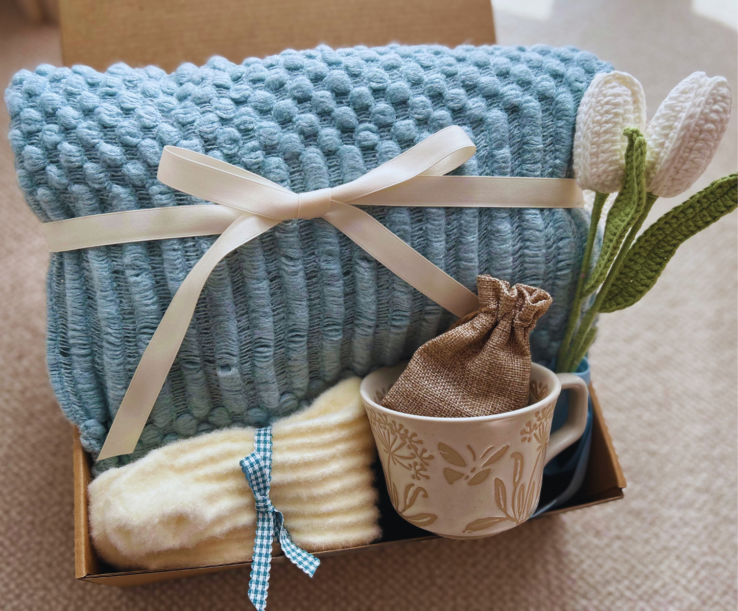 Blue Color Birthday Gift Baskets for Her with Cozy Blanket and Mug Basketful Gifts