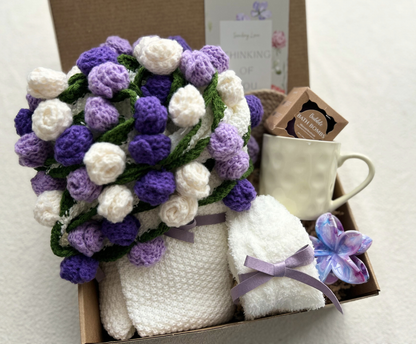 Crochet Flower Blanket Gift Basket Set – Handmade Floral Bouquet with Care Essentials