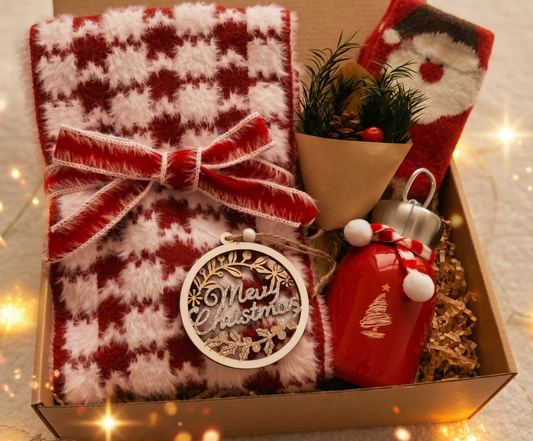 Merry & Bright Christmas Gift Box for Her – Scarf, Santa Socks, Tumbler & Wood Ornament Basketful Gifts