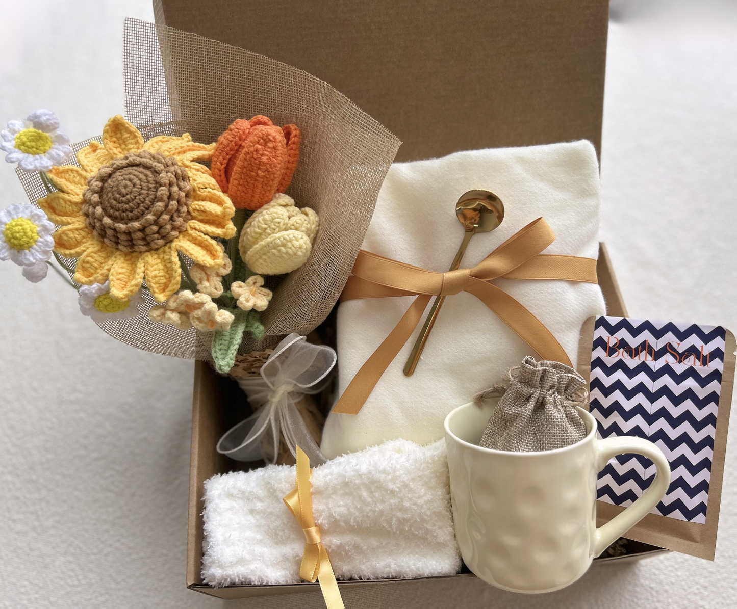 Sunflower Gift Basket with Handmade Crochet Sunflower Bouquet and Spa Essentials