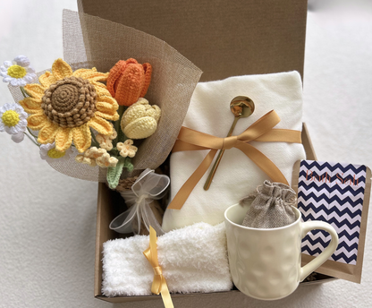 Sunflower Gift Basket with Handmade Crochet Sunflower Bouquet and Spa Essentials
