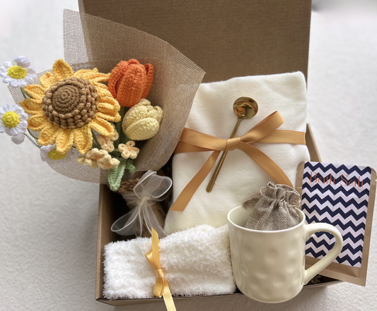 Sunflower Gift Basket with Handmade Crochet Sunflower Bouquet and Spa Essentials