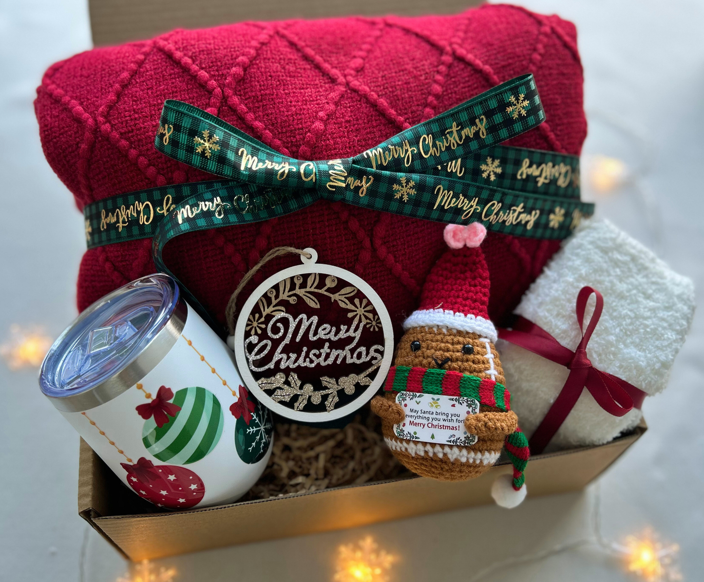 Christmas Gift Baskets for Her with Burgundy Blanket and Crochet Xmas Potato