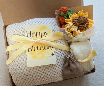 Happy Birthday Gift Basket for Her with Cozy Blanket and Crochet Sunflower Bouquet Basketful Gifts