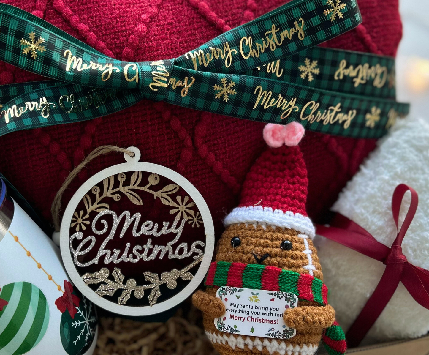 Christmas Gift Baskets for Her with Burgundy Blanket and Crochet Xmas Potato