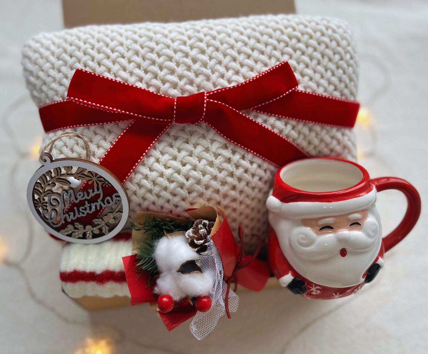 Christmas Gift Baskets with Cozy Blanket and Festive Santa Mug