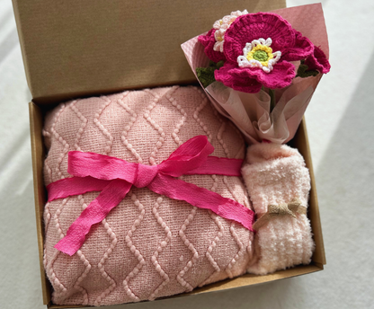 Aesthetic Birthday Gift Basket for Her: Cream Woven Throw, Hot Pink Crochet Flowers & Plush Socks Basketful Gifts